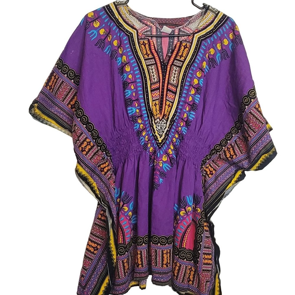Vintage Boho Festival Dashiki Shirt Purple Pink One Size Womens Flowy Hippie